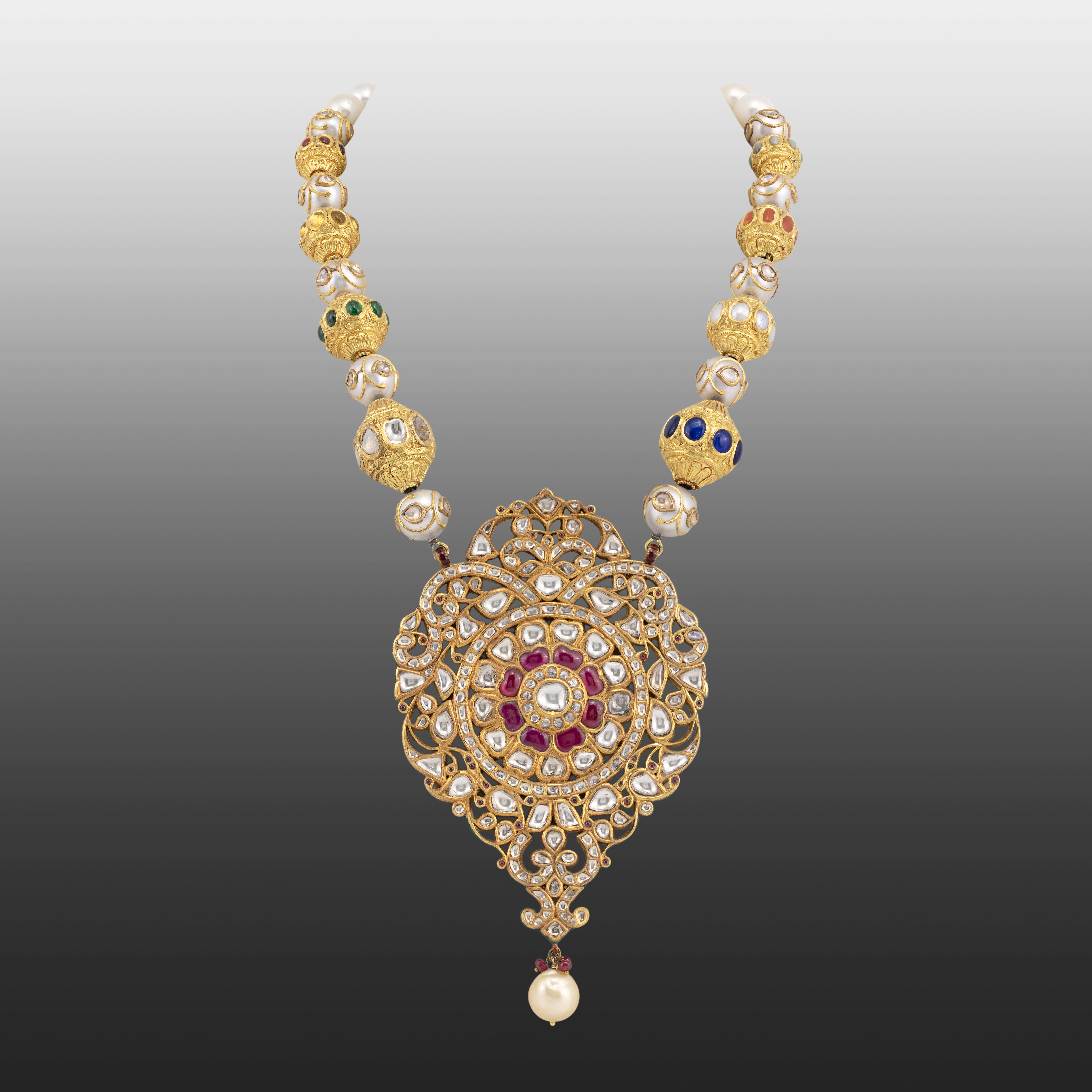 Traditional Polki Pendant Necklace with Multicolor Navratana Talaf